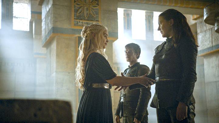 Emilia Clarke (Daenerys Targaryen), Alfie Allen (Theon Greyjoy), and Gemma Whelan (Yara Greyjoy) in Game of Thrones season 6 Episode 9.