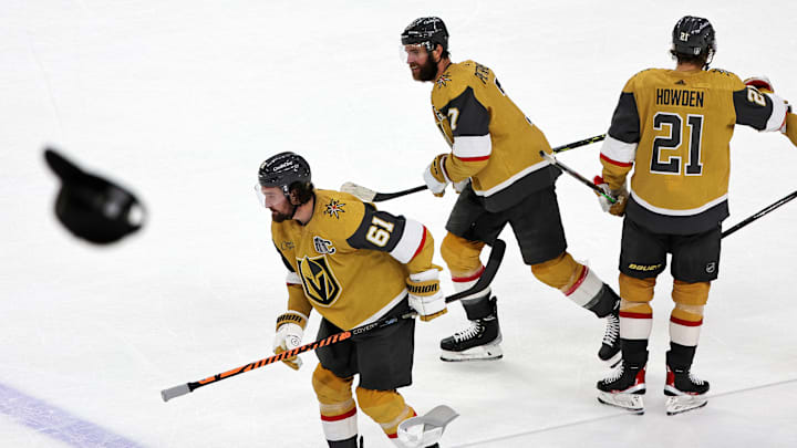 A hat being thrown after Mark Stone of the Las Vegas Golden Knights scored a hat trick in game five of the 2023 NHL Stanley Cup Final.