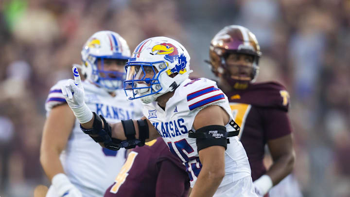 Oct 5, 2024; Tempe, Arizona, USA; Kansas Jayhawks defensive end Dean Miller (45) celebrates a play against the Arizona State Sun Devils in the first half at Mountain America Stadium. Mandatory Credit: Mark J. Rebilas-Imagn Images