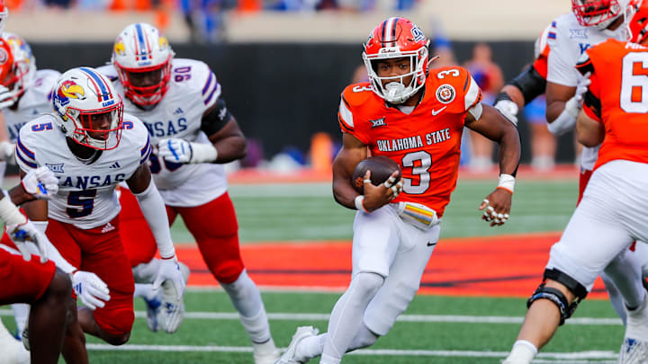 Oct 14, 2023; Stillwater, Oklahoma, USA; Oklahoma State's Jaden Nixon (3) runs the ball against the Kansas Jayhawks in the fourth quarter at Boone Pickens Stadium. Mandatory Credit: Nathan J. Fish-Imagn Images Oct 14, 2023; Stillwater, Oklahoma, USA; Oklahoma State's Jaden Nixon (3) runs the ball against the Kansas Jayhawks in the fourth quarter at Boone Pickens Stadium. Mandatory Credit: Nathan J. Fish-Imagn Images