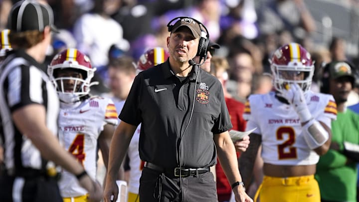 Fort Worth, Texas, USA; Iowa State Cyclones head coach Matt Campbell looks on during the first half against the TCU Horned Frogs at Amon G. Carter Stadium. Fort Worth, Texas, USA; Iowa State Cyclones head coach Matt Campbell looks on during the first half against the TCU Horned Frogs at Amon G. Carter Stadium.