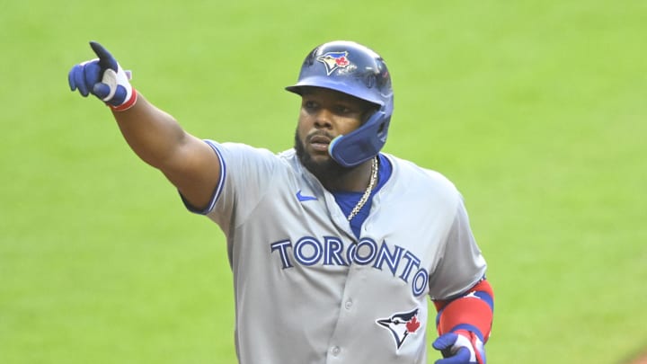 Jun 21, 2024; Cleveland, Ohio, USA; Toronto Blue Jays first baseman Vladimir Guerrero Jr. (27) celebrates his solo home run in the fourth inning against the Cleveland Guardians at Progressive Field.