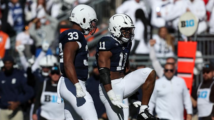 Nov 2, 2024; University Park, Pennsylvania, USA; Penn State Nittany Lions defensive end Abdul Carter (11) reacts after sacking Ohio State Buckeyes quarterback Will Howard (18) (not pictured) during the second quarter at Beaver Stadium. Mandatory Credit: Matthew O'Haren-Imagn Images