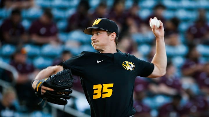 Mizzou Tigers starting pitcher Daniel Wissler delivers a pitch to the plate as the Tigers took on the Missouri State Bears at Hammons Field on Tuesday, April 16, 2024.