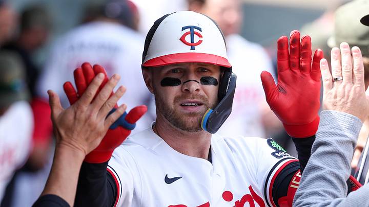 May 17, 2026; Minneapolis, Minnesota, USA; Minnesota Twins designated hitter Ryan Jeffers (27) celebrates his solo home run against the Milwaukee Brewers during the fifth inning at Target Field. Mandatory Credit: Matt Krohn-Imagn Images