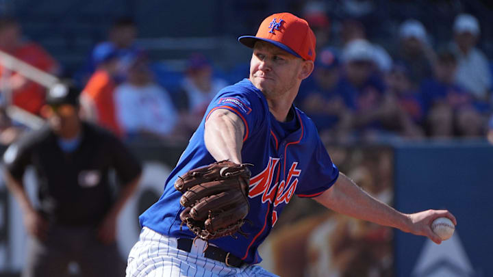 Feb 25, 2024; Port St. Lucie, Florida, USA;  New York Mets pitcher Tyler Jay pitches against the Houston Astros in the seventh inning against the Houston Astros at Clover Park. Mandatory Credit: Jim Rassol-USA TODAY Sports