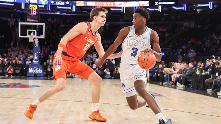 Dec 9, 2025; New York, New York, USA; BYU Cougars forward AJ Dybantsa (3) looks to drive past Clemson Tigers forward Jake Wahlin (10) in the first half at Madison Square Garden. Mandatory Credit: Wendell Cruz-Imagn Images Dec 9, 2025; New York, New York, USA; BYU Cougars forward AJ Dybantsa (3) looks to drive past Clemson Tigers forward Jake Wahlin (10) in the first half at Madison Square Garden. Mandatory Credit: Wendell Cruz-Imagn Images