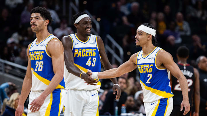 Mar 29, 2026; Indianapolis, Indiana, USA;  Indiana Pacers guard Andrew Nembhard (2) celebrates with forward Pascal Siakam (43) a made shot in the second half against the Miami Heat at Gainbridge Fieldhouse. Mandatory Credit: Trevor Ruszkowski-Imagn Images