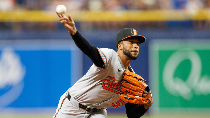 Jun 9, 2024; St. Petersburg, Florida, USA; Baltimore Orioles pitcher Dillon Tate (55) throws a pitch against the Tampa Bay Rays in the sixth inning at Tropicana Field. Jun 9, 2024; St. Petersburg, Florida, USA; Baltimore Orioles pitcher Dillon Tate (55) throws a pitch against the Tampa Bay Rays in the sixth inning at Tropicana Field.