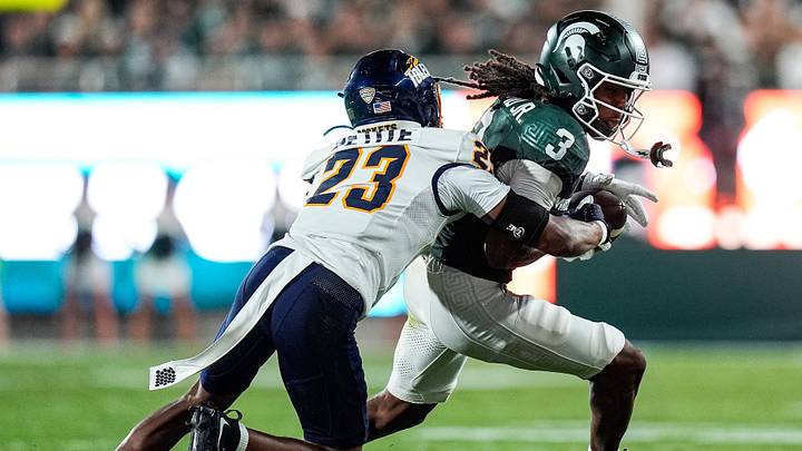 Michigan State wide receiver Rodney Bullard Jr. (3) runs against Toledo cornerback Israel Petite (23) during the first half at Spartan Stadium in East Lansing on Friday, Sept. 4, 2026. Michigan State wide receiver Rodney Bullard Jr. (3) runs against Toledo cornerback Israel Petite (23) during the first half at Spartan Stadium in East Lansing on Friday, Sept. 4, 2026.