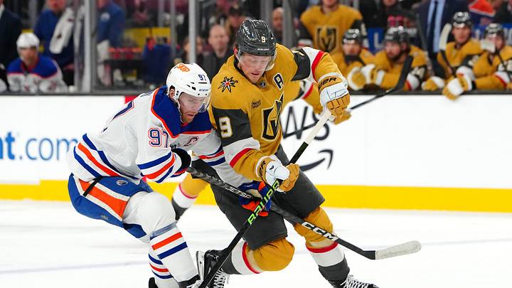 Dec 3, 2024; Las Vegas, Nevada, USA; Edmonton Oilers center Connor McDavid (97) defends against Vegas Golden Knights center Jack Eichel (9) during the second period at T-Mobile Arena. Mandatory Credit: Stephen R. Sylvanie-Imagn Images Dec 3, 2024; Las Vegas, Nevada, USA; Edmonton Oilers center Connor McDavid (97) defends against Vegas Golden Knights center Jack Eichel (9) during the second period at T-Mobile Arena. Mandatory Credit: Stephen R. Sylvanie-Imagn Images