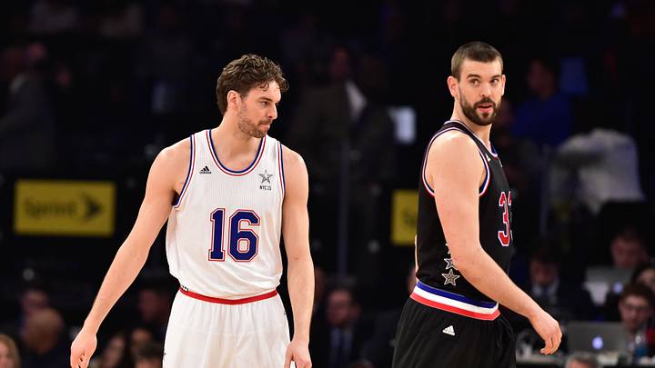 February 15, 2015; New York, NY, USA; Eastern Conference forward Pau Gasol of the Chicago Bulls (16) and Western Conference center Marc Gasol of the Memphis Grizzlies (33) during the second half of the 2015 NBA All-Star Game at Madison Square Garden. Mandatory Credit: Bob Donnan-USA TODAY Sports February 15, 2015; New York, NY, USA; Eastern Conference forward Pau Gasol of the Chicago Bulls (16) and Western Conference center Marc Gasol of the Memphis Grizzlies (33) during the second half of the 2015 NBA All-Star Game at Madison Square Garden. Mandatory Credit: Bob Donnan-USA TODAY Sports