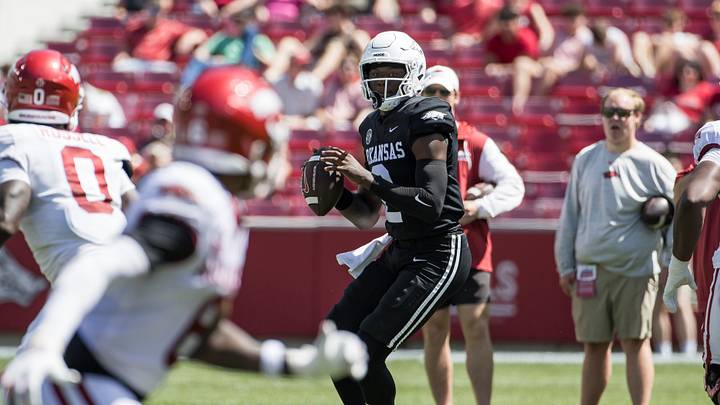 Apr 25, 2026; Fayetteville, AR, USA; Arkansas Razorbacks quarterback AJ Hill (2) looks to throw the ball during the spring game at Donald W. Reynolds Razorback Stadium. Mandatory Credit: Brett Rojo-Imagn Images Apr 25, 2026; Fayetteville, AR, USA; Arkansas Razorbacks quarterback AJ Hill (2) looks to throw the ball during the spring game at Donald W. Reynolds Razorback Stadium. Mandatory Credit: Brett Rojo-Imagn Images