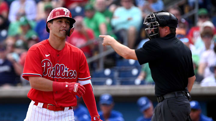 Mar 17, 2023; Clearwater, Florida, USA; Philadelphia Phillies center fielder Dalton Guthrie (18)