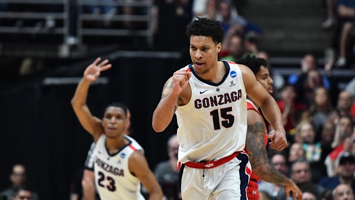 March 30, 2019; Anaheim, CA, USA; Gonzaga Bulldogs forward Brandon Clarke (15) and guard Zach Norvell Jr. (23) react after a three point basket against the Texas Tech Red Raiders during the first half in the championship game of the west regional of the 2019 NCAA Tournament at Honda Center. March 30, 2019; Anaheim, CA, USA; Gonzaga Bulldogs forward Brandon Clarke (15) and guard Zach Norvell Jr. (23) react after a three point basket against the Texas Tech Red Raiders during the first half in the championship game of the west regional of the 2019 NCAA Tournament at Honda Center.
