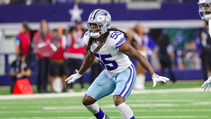 Dallas Cowboys linebacker Jaishawn Barham (55) on defense during the first half against the New Orleans Saints at AT&T Stadium. Mandatory Credit: Kevin Jairaj-Imagn Images Dallas Cowboys linebacker Jaishawn Barham (55) on defense during the first half against the New Orleans Saints at AT&T Stadium. Mandatory Credit: Kevin Jairaj-Imagn Images