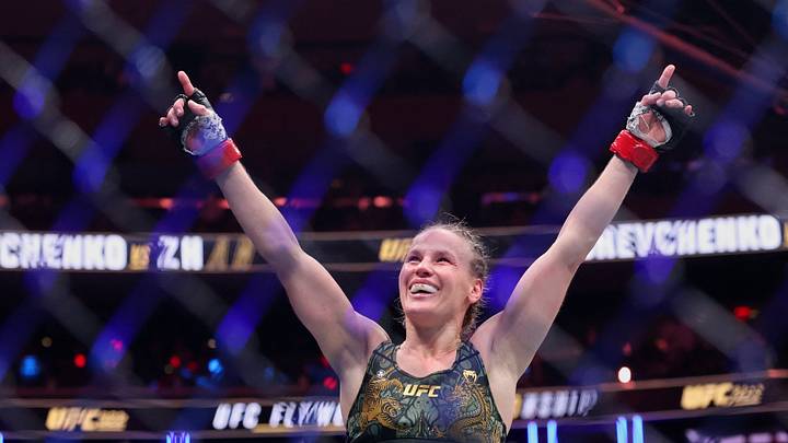 Nov 15, 2025; New York, NY, UNITED STATES; Valentina Shevchenko (red gloves) reacts after defeating Zhang Weili (not pictured) in the womens flyweight championship bout during UFC 322 at Madison Square Garden. Mandatory Credit: Ed Mulholland-Imagn Images Nov 15, 2025; New York, NY, UNITED STATES; Valentina Shevchenko (red gloves) reacts after defeating Zhang Weili (not pictured) in the womens flyweight championship bout during UFC 322 at Madison Square Garden. Mandatory Credit: Ed Mulholland-Imagn Images