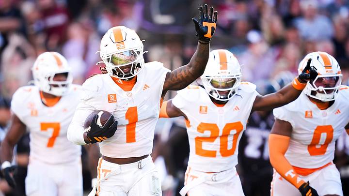 Tennessee defensive back TJ Metcalf (1) celebrates after intercepting the ball during a college football game between Tennessee and South Carolina at Williams-Brice Stadium in Columbia, S.C., on Oct. 24, 2026.