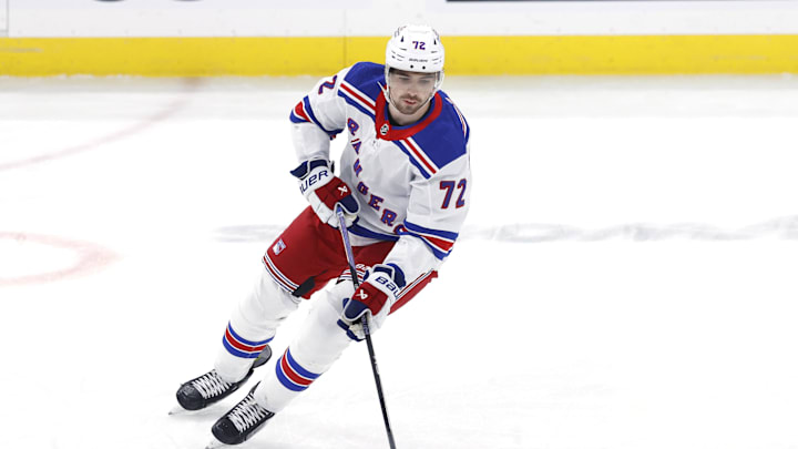 Oct 30, 2023; Winnipeg, Manitoba, CAN;New York Rangers center Filip Chytil (72) warms up before a