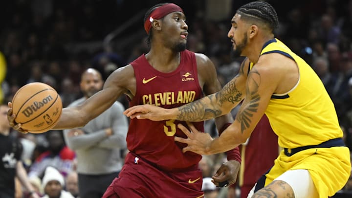 Apr 12, 2024; Cleveland, Ohio, USA; Cleveland Cavaliers guard Caris LeVert (3) looks to pass beside