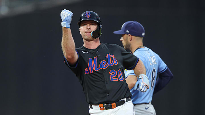 Jun 13, 2025; New York City, New York, USA; New York Mets first baseman Pete Alonso (20) reacts after a double during the fourth inning against the Tampa Bay Rays at Citi Field. Mandatory Credit: Vincent Carchietta-Imagn Images