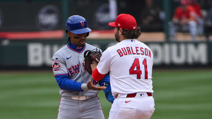 Apr 1, 2026; St. Louis, Missouri, USA; New York Mets shortstop Francisco Lindor (12) is tagged out by St. Louis Cardinals first baseman Alec Burleson (41) after he was picked off during the sixth inning at Busch Stadium. Mandatory Credit: Jeff Curry-Imagn Images