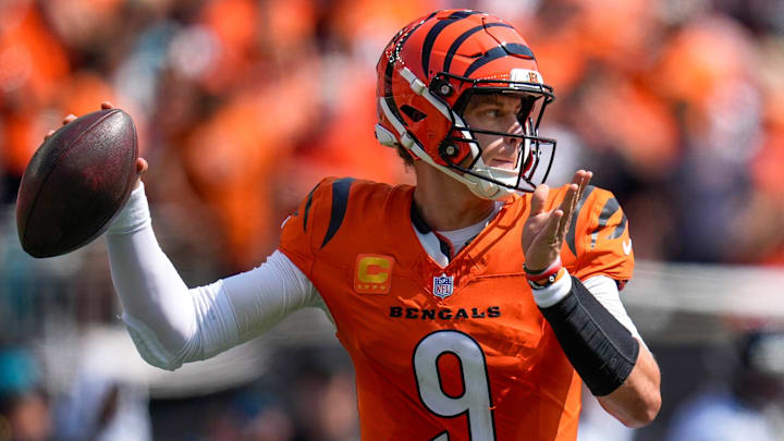 Cincinnati Bengals quarterback Joe Burrow (9) throws a pass in the first quarter of the NFL Week 2 game between the Cincinnati Bengals and the Jacksonville Jaguars at Paycor Stadium in downtown Cincinnati on Sunday, Sept. 14, 2025. The Jaguars led 17-10 at halftime.