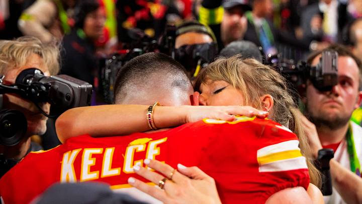 FILE PHOTO: Feb 11, 2024; Paradise, Nevada, USA; Kansas City Chiefs tight end Travis Kelce (87) celebrates with girlfriend Taylor Swift after defeating the San Francisco 49ers in Super Bowl LVIII at Allegiant Stadium. Mandatory Credit: Mark J. Rebilas-USA TODAY Sports/File Photo