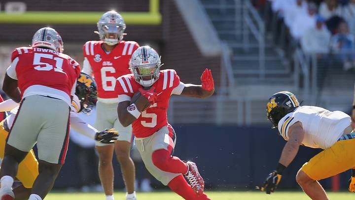 Oct 17, 2026; Oxford, Mississippi, USA; Mississippi Rebels running back Kewan Lacy (5) carries the ball during the first half against the Missouri Tigers at Vaught-Hemingway Stadium. Mandatory Credit: Petre Thomas-Imagn Images Oct 17, 2026; Oxford, Mississippi, USA; Mississippi Rebels running back Kewan Lacy (5) carries the ball during the first half against the Missouri Tigers at Vaught-Hemingway Stadium. Mandatory Credit: Petre Thomas-Imagn Images