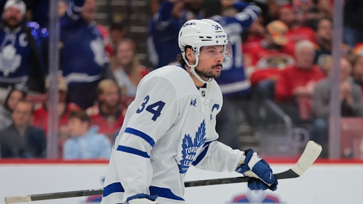 May 16, 2025; Sunrise, Florida, USA; Toronto Maple Leafs center Auston Matthews (34) looks on after scoring against the Florida Panthers during the third period in game six of the second round of the 2025 Stanley Cup Playoffs at Amerant Bank Arena. Mandatory Credit: Sam Navarro-Imagn Images
