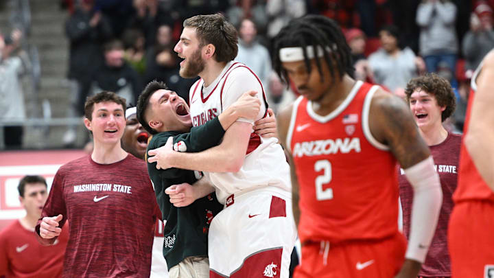Jan 13, 2024; Pullman, Washington, USA; Washington State Cougars forward Oscar Cluff (45) celebrates