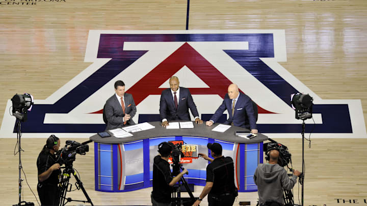 Feb 21, 2015; Tucson, AZ, USA; ESPN College GameDay hosts Rece Davis (L), Jay Williams (C), and Seth Greenberg (R) talk prior to the game between the Arizona Wildcats and the UCLA Bruins at McKale Center. Mandatory Credit: Casey Sapio-Imagn Images