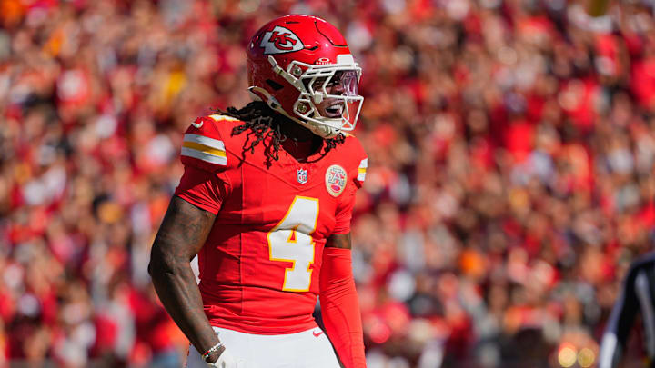 Oct 19, 2025; Kansas City, Missouri, USA; Kansas City Chiefs wide receiver Rashee Rice (4) celebrates after scoring a touchdown against the Las Vegas Raiders during the first quarter of the game at GEHA Field at Arrowhead Stadium. Oct 19, 2025; Kansas City, Missouri, USA; Kansas City Chiefs wide receiver Rashee Rice (4) celebrates after scoring a touchdown against the Las Vegas Raiders during the first quarter of the game at GEHA Field at Arrowhead Stadium.