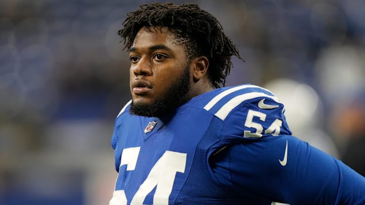 Indianapolis Colts defensive end Dayo Odeyingbo (54) warms up before action against the Los Angeles Chargers Monday, Dec. 26, 2022, at Lucas Oil Stadium. Indianapolis Colts defensive end Dayo Odeyingbo (54) warms up before action against the Los Angeles Chargers Monday, Dec. 26, 2022, at Lucas Oil Stadium.