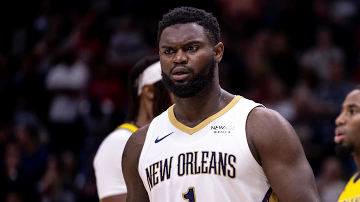New Orleans Pelicans forward Zion Williamson (1) looks on against the Indiana Pacers during the first half at Smoothie King Center. Mandatory Credit: Stephen Lew-Imagn Images