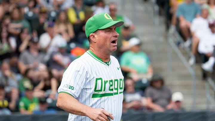 Oregon coach Mark Wasikowski comes out from the dugout to dispute a call as the Oregon Ducks host the Washington Huskies on May 10, 2025, at PK Park in Eugene. Oregon coach Mark Wasikowski comes out from the dugout to dispute a call as the Oregon Ducks host the Washington Huskies on May 10, 2025, at PK Park in Eugene.