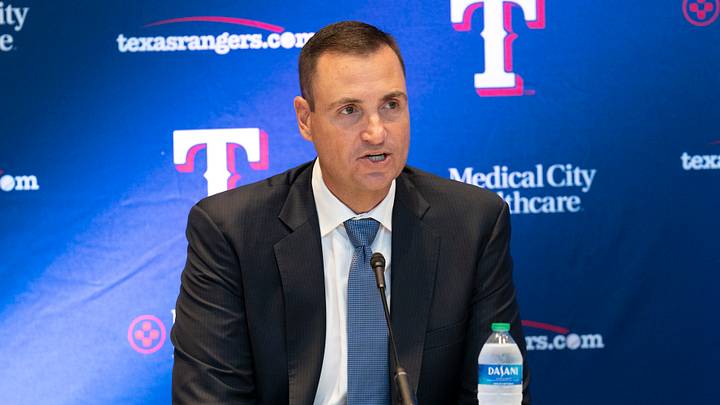Oct 24, 2022; Arlington, TX, USA; Texas Rangers general manager Chris Young speaks during a news conference introducing Bruce Bochy as team manager at Globe Life Field. Mandatory Credit: Jim Cowsert-USA TODAY Sports