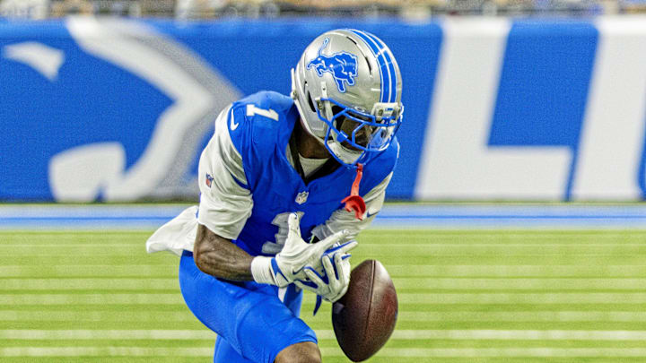 Sep 28, 2025; Detroit, Michigan, USA; Detroit Lions wide receiver Jameson Williams (1) drops a catch during the second half against the Cleveland Browns at Ford Field. Mandatory Credit: David Reginek-Imagn Images