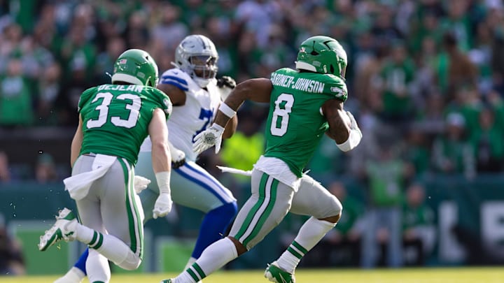 Dec 29, 2024; Philadelphia, Pennsylvania, USA; Philadelphia Eagles safety C.J. Gardner-Johnson (8) runs for a touchdown after his interception against the Dallas Cowboys during the first quarter at Lincoln Financial Field.