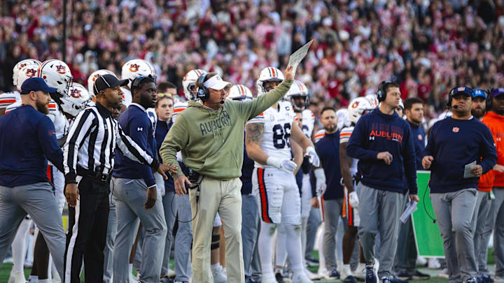 Nov 30, 2024; Tuscaloosa, Alabama, USA; Auburn Tigers head coach Hugh Freeze on the sideline during the second quarter at Bryant-Denny Stadium. Mandatory Credit: Will McLelland-Imagn Images