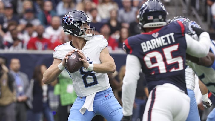 Dec 31, 2023; Houston, Texas, USA; Tennessee Titans quarterback Will Levis (8) throws the ball