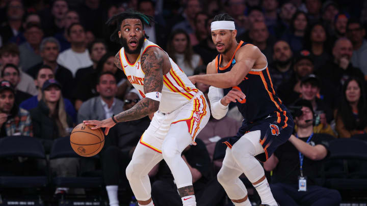 Mar 5, 2024; New York, New York, USA; Atlanta Hawks forward Saddiq Bey (41) dribbles against New York Knicks guard Josh Hart (3) during the second half at Madison Square Garden. Mandatory Credit: Vincent Carchietta-USA TODAY Sports Mar 5, 2024; New York, New York, USA; Atlanta Hawks forward Saddiq Bey (41) dribbles against New York Knicks guard Josh Hart (3) during the second half at Madison Square Garden. Mandatory Credit: Vincent Carchietta-USA TODAY Sports