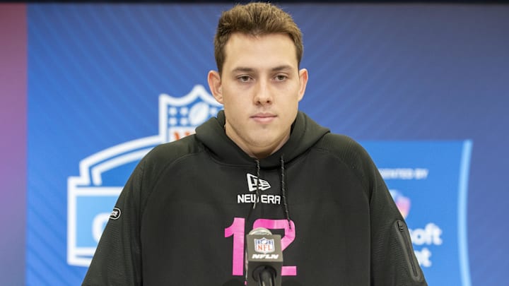 Feb 27, 2025; Indianapolis, IN, USA; Texas tight end Gunnar Helm (TE12) during the 2025 NFL Combine at Lucas Oil Stadium. Mandatory Credit: Tanner Pearson-Imagn Images
