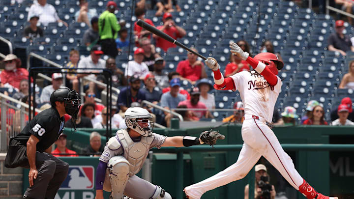Jun 19, 2025; Washington, District of Columbia, USA; Washington Nationals shortstop CJ Abrams (5) singles against the Colorado Rockies during the fourth inning at Nationals Park. Jun 19, 2025; Washington, District of Columbia, USA; Washington Nationals shortstop CJ Abrams (5) singles against the Colorado Rockies during the fourth inning at Nationals Park.
