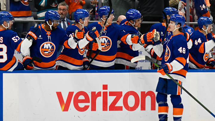 Nov 2, 2025; Elmont, New York, USA;  New York Islanders defenseman Matthew Schaefer (48) celebrates his goal against the Columbus Blue Jackets during the first period at UBS Arena. Mandatory Credit: Dennis Schneidler-Imagn Images