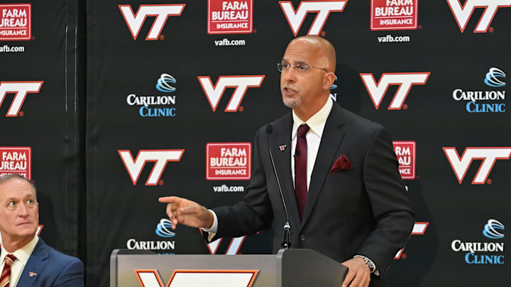 Nov 19, 2025; Blacksburg, VA, USA;  Virginia Tech head coach James Franklin speaks during the press conference at Cassell Coliseum. Mandatory Credit: Brian Bishop-Imagn Images