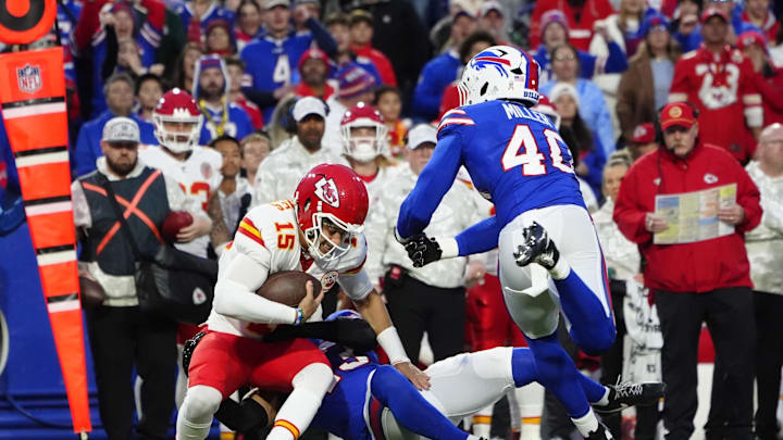 Nov 17, 2024; Orchard Park, New York, USA; Buffalo Bills linebacker Terrel Bernard (43) sacks Kansas City Chiefs quarterback Patrick Mahomes (15) along with Buffalo Bills linebacker Von Miller (40) during the first half at Highmark Stadium. Mandatory Credit: Gregory Fisher-Imagn Images Mandatory Credit: Junfu Han/USA TODAY Network via Imagn Images 