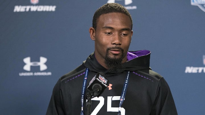 Feb 21, 2015; Indianapolis, IN, USA;  Louisville defensive back Gerod Holliman speaks to the media at the 2015 NFL Combine at Lucas Oil Stadium. Mandatory Credit: Trevor Ruszkowski-Imagn Images