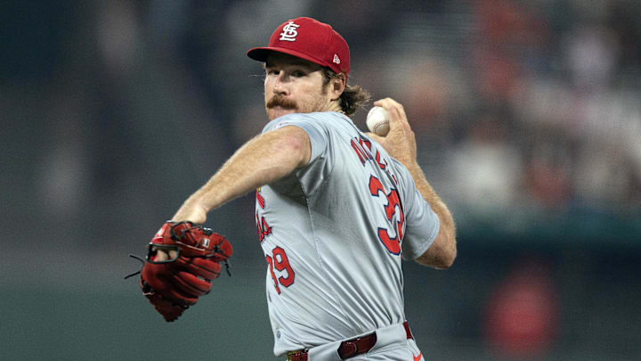 Sep 27, 2024; San Francisco, California, USA; St. Louis Cardinals starting pitcher Miles Mikolas (39) delivers a pitch against the San Francisco Giants during the first inning at Oracle Park. Mandatory Credit: D. Ross Cameron-Imagn Images