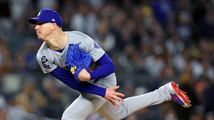 Oct 28, 2024; New York, New York, USA; Los Angeles Dodgers pitcher Walker Buehler (21) pitches during the first inning against the New York Yankees in game three of the 2024 MLB World Series at Yankee Stadium. Mandatory Credit: Brad Penner-Imagn Images